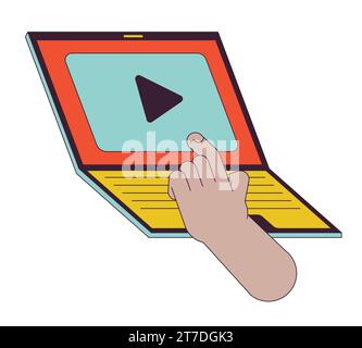 Watching streaming platform on laptop linear cartoon character hand illustration Stock Vector