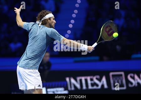 Torino, Italy. 14th Nov, 2023. Stefanos Tsitsipas of Greece in action during the singles match between Stefanos Tsitsipas of Greece and Holger Rune of Greece on Day three of the Nitto ATP World Tour Finals at Pala Alpitour on November 14, 2023 in Turin, Italy Credit: Marco Canoniero/Alamy Live News Stock Photo