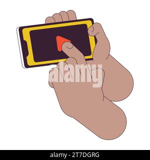 Pressing playing on mobile phone linear cartoon character hands illustration Stock Vector