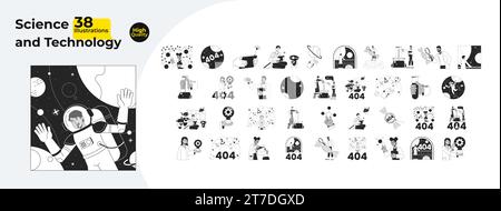 Science and technology black and white 2D illustration concepts bundle Stock Vector