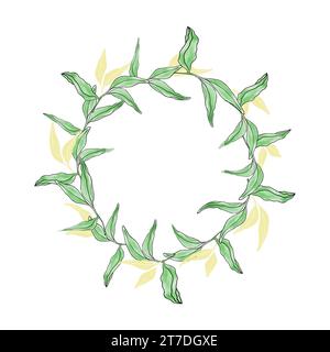 Tea leaves watercolor and silhouette wreath frame Hand drawn vector illustration for postcard, wedding, tag, thank you card, cover, logo, cosmetics Stock Vector