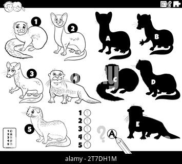 Black and white cartoon illustration of finding the right shadows to the pictures educational game with animal characters coloring page Stock Vector