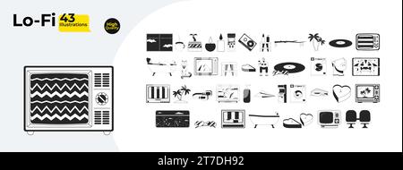 Retro 80s black and white 2D line cartoon lo fi objects bundle Stock Vector