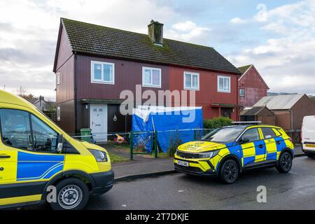 15 November 2023. St Ninian Drive, Inverness. This is the dwelling and crime scene of the Murder at 3 St Ninian Drive, Inverness. Forensic Police are at the scene. Credit: JASPERIMAGE/Alamy Live News Stock Photo