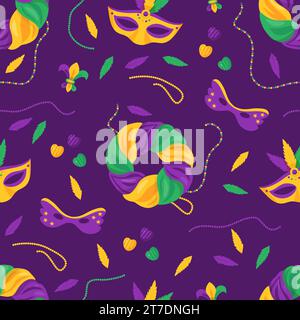 Mardi Gras carnival seamless pattern. Festive King Cake with colorful icing, beads, necklaces, mask and feathers on purple background. Vector illustra Stock Vector