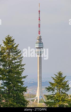 Belgrade, Serbia - April 13, 2020: Rebuild TV Tower at Top of Mountain Avala Near Capital City. Stock Photo