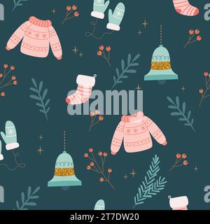 Christmas seamless pattern with sweaters and bells. Seasonal winter design. Cute vector illustration in flat cartoon style Stock Vector