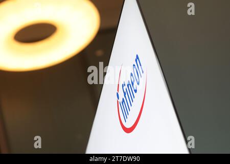 Munich, Germany. 15th Nov, 2023. The Infineon logo can be seen at the company headquarters. Credit: Karl-Josef Hildenbrand/dpa/Alamy Live News Stock Photo