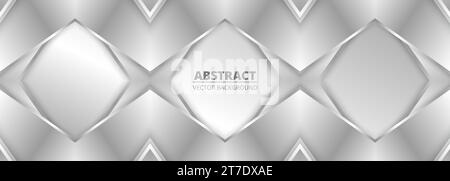 Elegant luxury light silver color wide banner. Abstract geometric wide metallic background with silver gradient lines, frame, arrows and shadows Stock Vector