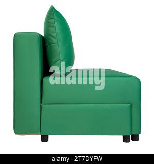 Green cozy modern fabric sofa isolated on white background, side view. Stock Photo