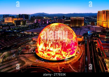 The Sphere, Exosphere is nightly used to display art and advertising Aerial View of Skyline, Strip at Night, Neon Lights  Las Vegas, Nevada , United S Stock Photo