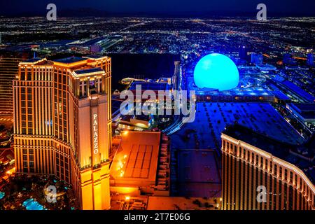 The Sphere, Exosphere is nightly used to display art and advertising Aerial View of Skyline, Strip at Night, Neon Lights  Las Vegas, Nevada , United S Stock Photo