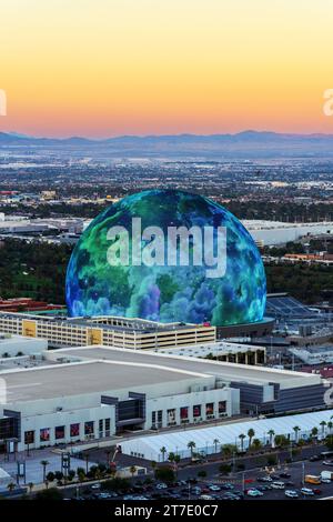 The Sphere, Exosphere is nightly used to display art and advertising  Aerial View of Skyline, Strip at Night, Neon Lights  Las Vegas, Nevada , United Stock Photo