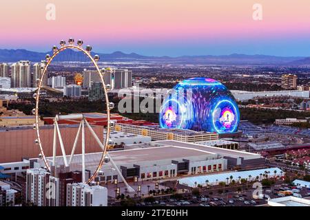 The Sphere, Exosphere is nightly used to display art and advertising  Aerial View of Skyline, Strip at Night, Neon Lights  Las Vegas, Nevada , United Stock Photo