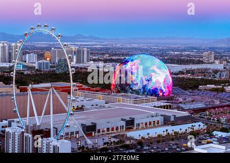 The Sphere, Exosphere is nightly used to display art and advertising  Aerial View of Skyline, Strip at Night, Neon Lights  Las Vegas, Nevada , United Stock Photo