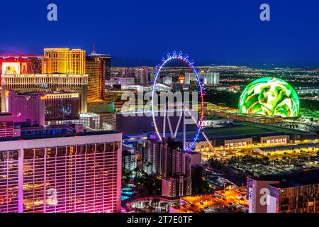 The Sphere, Exosphere is nightly used to display art and advertising Aerial View of Skyline, Strip at Night, Neon Lights  Las Vegas, Nevada , United S Stock Photo