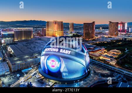 The Sphere, Exosphere is nightly used to display art and advertising Aerial View of Skyline, Strip at Night, Neon Lights  Las Vegas, Nevada , United S Stock Photo