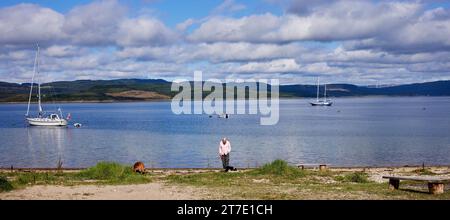 A single adult female walks her dogs on the beach at Otter Ferry, Argyll, Scotland Stock Photo