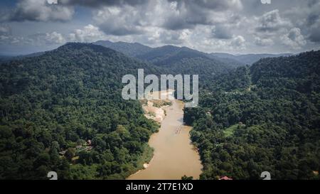 A scene from a tropical rainforest in Taman Negara Pahang, Malaysia. aerial drone view. Stock Photo