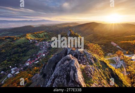 View of autumn landscape with rocky mountains in the background. The Vrsatec National Nature Reserve in the White Carpathian Mountains, Slovakia, Euro Stock Photo