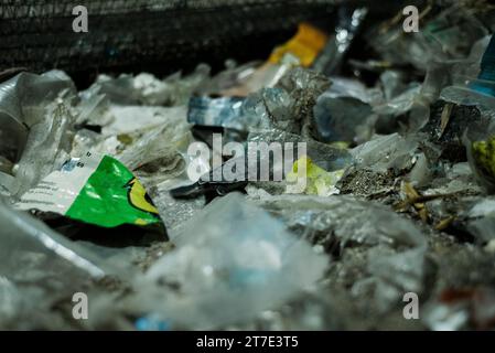 A sea turtle hatchling amidst plastic waste in beach near Mersin, Turkey. Stock Photo