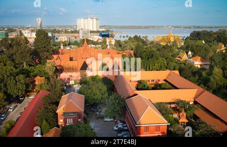 An aerial view in Phnom Penh, Cambodia, showing the National Museum, Royal Palace, new high rise buildings, and the Tonle Sap and Mekong rivers. Stock Photo