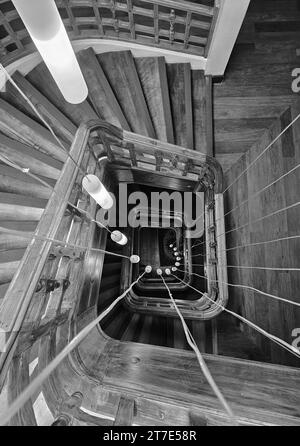 An aesthetically appealing black and white photograph of a rugged and sturdy stairway, adorned with strong, braided ropes running from the top Stock Photo
