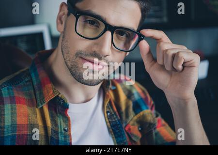 Close up cropped photo of smart experienced project manager arm touch glasses business center workstation indoors Stock Photo