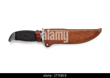 Old hunting knife in sheath isolated on white background Stock Photo