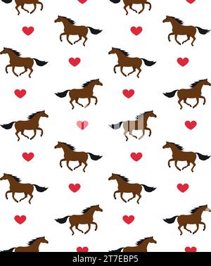 Vector seamless pattern of flat hand drawn horses and hearts isolated on white background Stock Vector