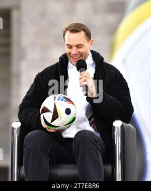 Berlin, Germany. 15th Nov, 2023. Manuel Neuer, goalkeeper of German men's national football team, attends the unveiling event of the official match ball of UEFA EURO 2024 in Berlin, Germany, Nov. 15, 2023. Credit: Ren Pengfei/Xinhua/Alamy Live News Stock Photo