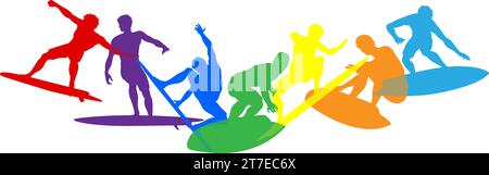 Surfers Surfing on Surf Boards Silhouettes Concept Stock Vector