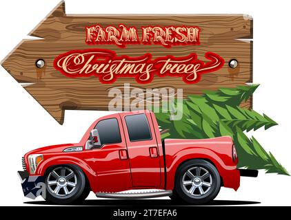 Vector vintage farm sign with Christmas tree by red pickup. Farm Fresh Christmas Trees poster. Available eps-10 format separated by groups and layers Stock Vector