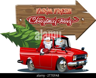 Vector vintage farm sign with Christmas tree by red truck. Farm Fresh Christmas Trees retro poster. Available eps-10 format separated by groups and la Stock Vector