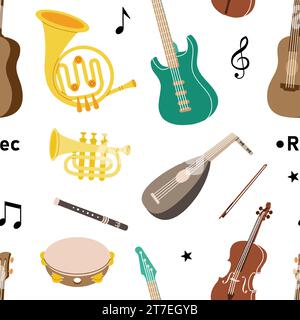Musical instruments seamless background. Tuba, trumpet, drum flute, french horn, violin, electric bass guitar. Colored musical instruments pattern Stock Vector