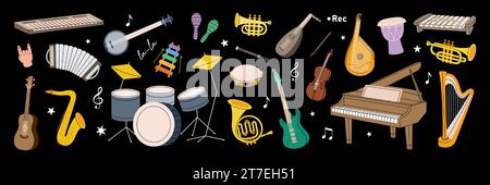 Set of musical instruments. Musical school banner. Tuba, trumpet, drum flute, french horn, lute, violin, electric bass guitar, acoustic guitar. Stock Vector