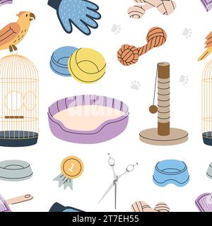 Animal supplies pattern. Pet supplies seamless banner. Sleeping pillow, toys, medal, scissors, nail clippers, fur remover, aquarium, backpack carrier Stock Vector