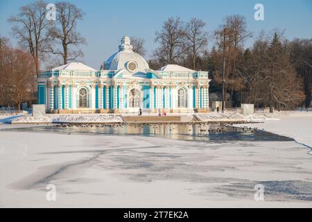 PUSHKIN, RUSSIA - FEBRUARY 21, 2023: Pavilion 'Grotto' in Catherine Park of Tsarskoe Selo on a sunny February day Stock Photo
