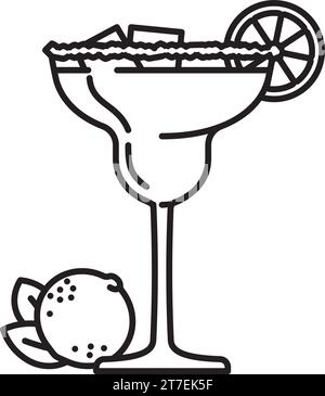 Margarita cocktail and lime fruit vector line icon for Maragarita Day on February 22 Stock Vector