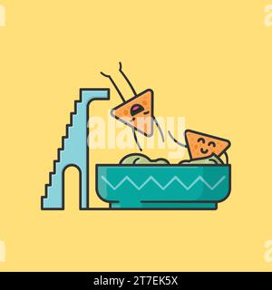 Tortilla chip jumping into pool of guacamole cartoon vector illustration for Tortilla Chip Day on February 24 Stock Vector