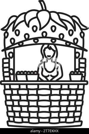 Female strawberry salesperson in market stand shaped like fruit in basket vector line icon for Strawbery Day on February 27 Stock Vector