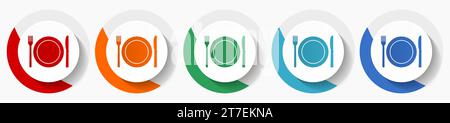 Restaurant vector icon set, flat design colorful round icons in 5 color options for webdesign and mobile applications Stock Vector