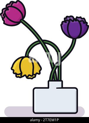 Colourful tulips in white vase isolated vector illustration for National Floral Design Day on February 28 Stock Vector