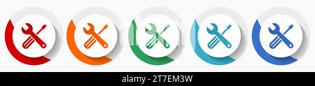 Tools vector icon set, flat design colorful round icons in 5 color options for webdesign and mobile applications Stock Vector