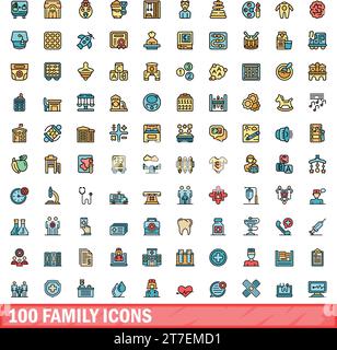 100 family icons set. Color line set of family vector icons thin line color flat on white Stock Vector