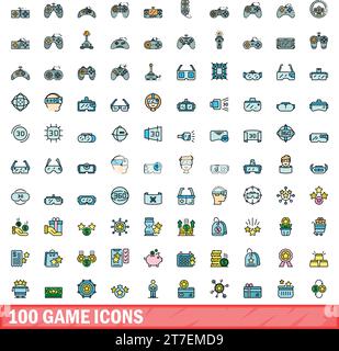 100 game icons set. Color line set of game vector icons thin line color flat on white Stock Vector