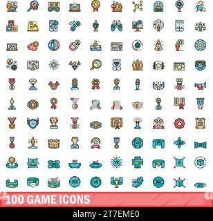 100 game icons set. Color line set of game vector icons thin line color flat on white Stock Vector