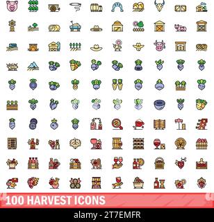 100 harvest icons set. Color line set of harvest vector icons thin line color flat on white Stock Vector