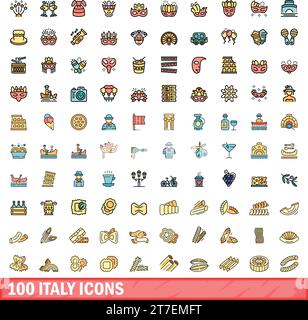 100 italy icons set. Color line set of italy vector icons thin line color flat on white Stock Vector