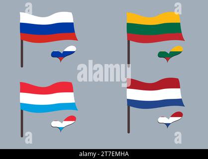 Set of flags (Lithuania, Luxembourg, Netherlands, Russia). Heart in flag colors. Set of national symbols. Stock Vector